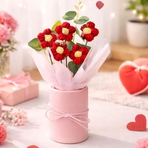 SATYAM KRAFT 1 Pcs Artificial Crochet Flower Bouquet/Artificial Flowers Bunch/Crochet Flowers Bouquet/Crochet Flowers/Flowers Bouquet Gift for Him/Her Boyfriend Girlfriend Valentine,Wedding,Home Decor