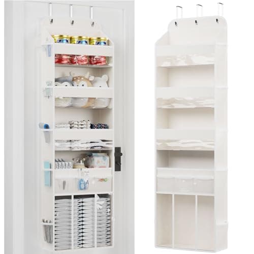 OneDream 5Tier Over the Door Organizer with Removable Storage Caddy Baby Clothes Organizer for Nursery Hanging Behind Door Storage with Clear Pockets and Side Mesh Compartments Beige