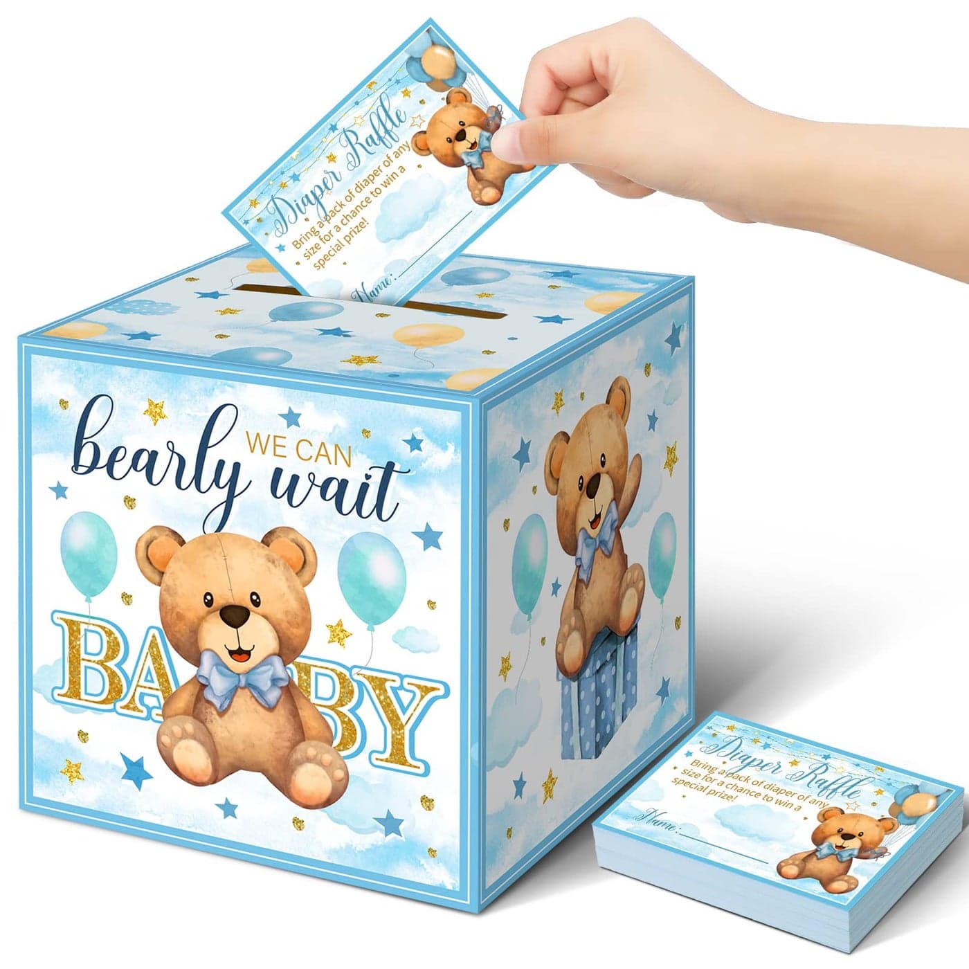 Spakon 51 Pieces Bear Diaper Raffle Box with Tickets for Baby Shower Game Decoration Gender Reveal Party Blue Diaper Raffle Sign Bear Themed Insert Card Ticket Invitation Advice and Wishes