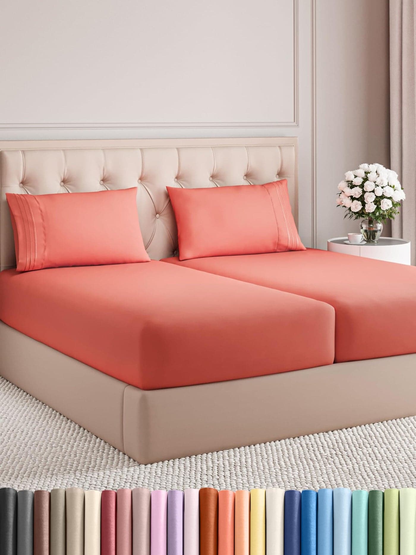 Split King Size 5 Piece Sheet Set Comfy Breathable Cooling Bed Sheets Set Hotel Luxury Bedding for Women Men Kids Teens Deep Pockets EasyFit Super Soft Wrinkle Free OekoTex Coral