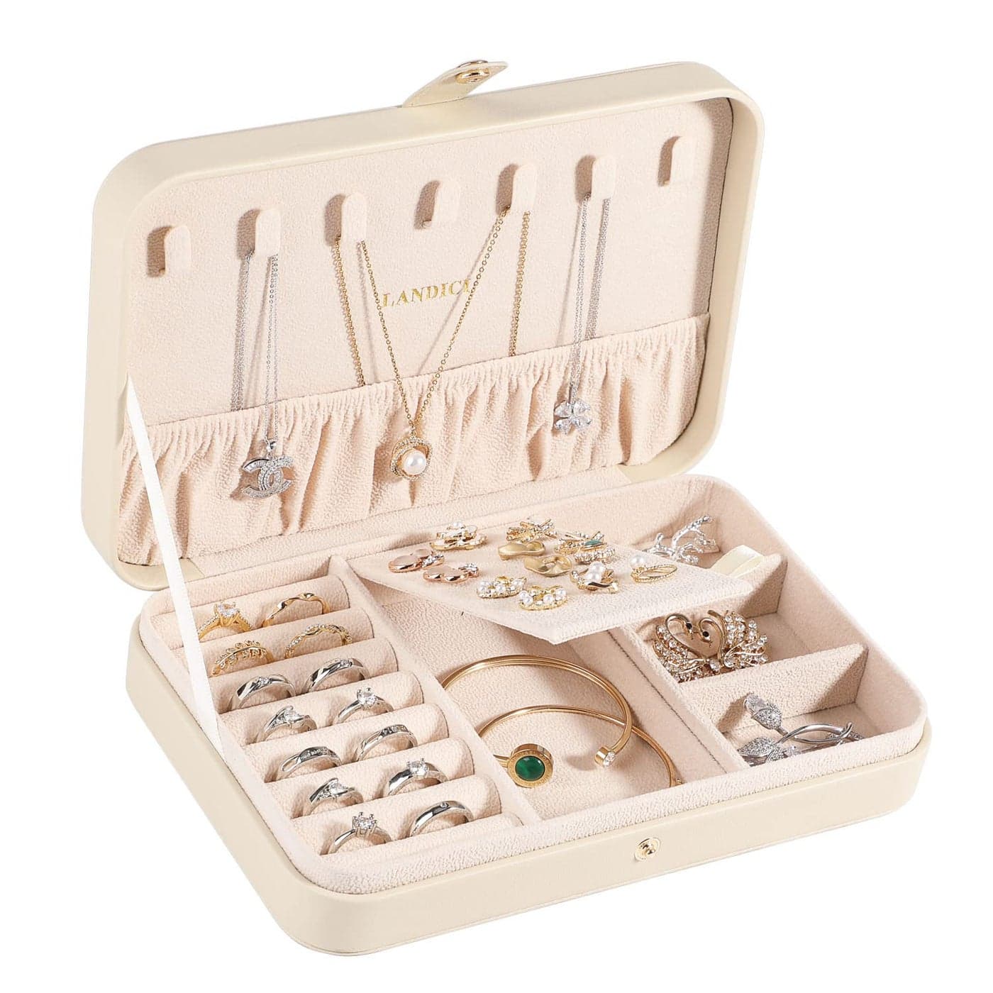 LANDICI Small Jewelry Box for Women Girls PU Leather Travel Jewelry Case Portable Jewelry Organizer Storage Holder Display for Ring Earrings Necklace Bracelet Bangle Men Kids Gift Apricot