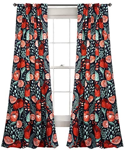 Lush Decor Poppy Garden Curtains Light Filtering Window Set for Living, Dining, Bedroom, 84 in L Panel Pair, Navy