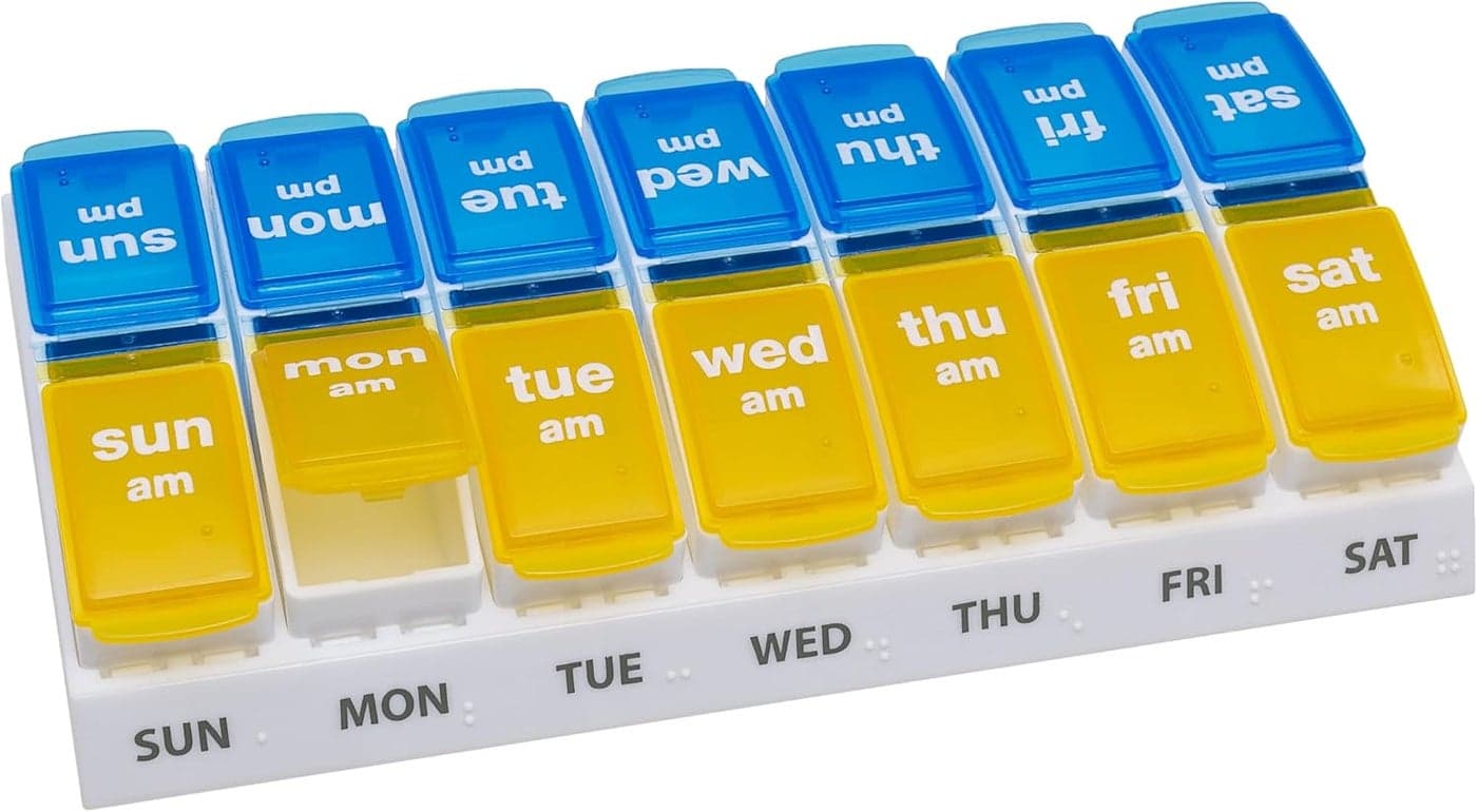 Ezy Dose Weekly AM/PM Pill Organizer, 7-Day Vitamin and Medication Box with Large Pop-Out Compartments, 2 Times a Day Pill Holder for Easy Dosing, Yellow and Blue Lids, Travel-Friendly Design