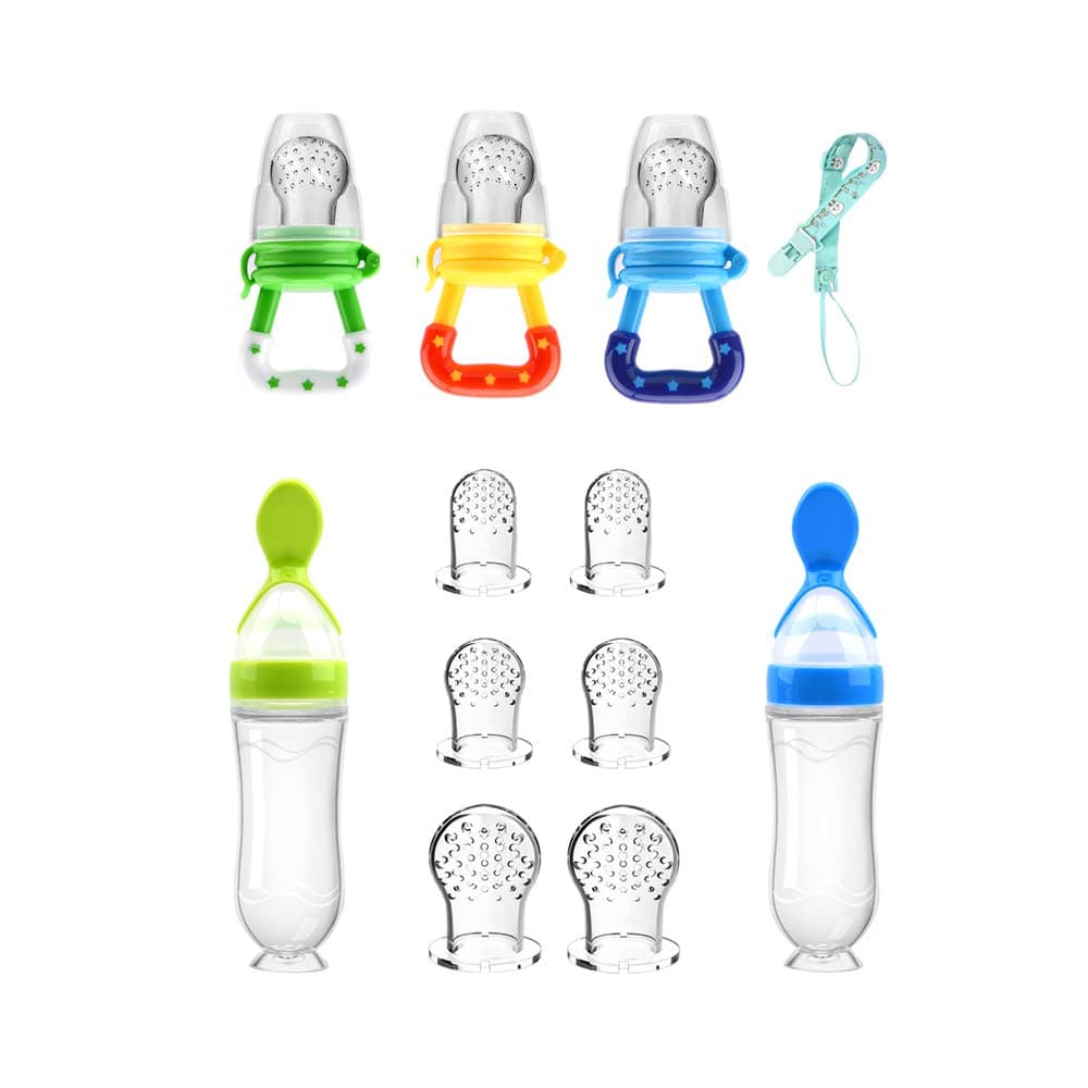 Food Feeder Baby Fruit Pacifier 3 Pcs with 6 Different Sized Silicone Pacifiers 2 PCS Dispensing Spoon 90ML Spoons Clip Infant Teething Toy Blue