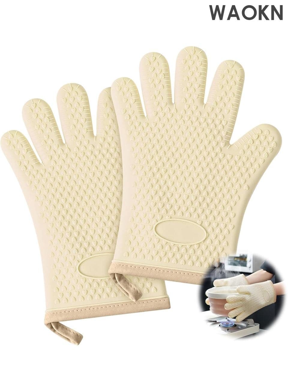 Cotton-Thickened Silicone Oven Mitts (2-Pack) – Premium Heat Resistant Gloves Up , Waterproof & Non-Slip Kitchen Mittens for Baking, BBQ, Cooking – Extended Fingertip Protection with Comfortable Cotton Lining – Ideal for Grilling, Pot Handling (Off-white)
