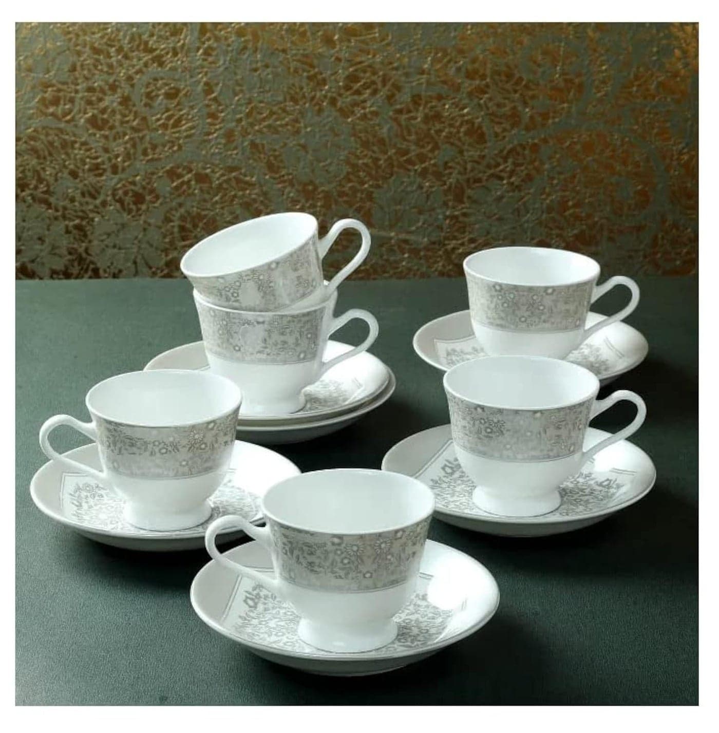 E-Ezra Tableware Bone China Cups Plates Mughal Art Designed Set of 6+6 Cups with Saucers