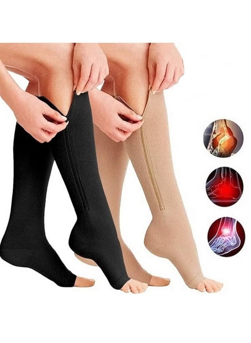 15 to 20mmHg Compression Socks 2 Pairs Toeless with Copper Fiber Open Toe Knee High Support Stockings with Zipper for Men and Women Flesh and Black