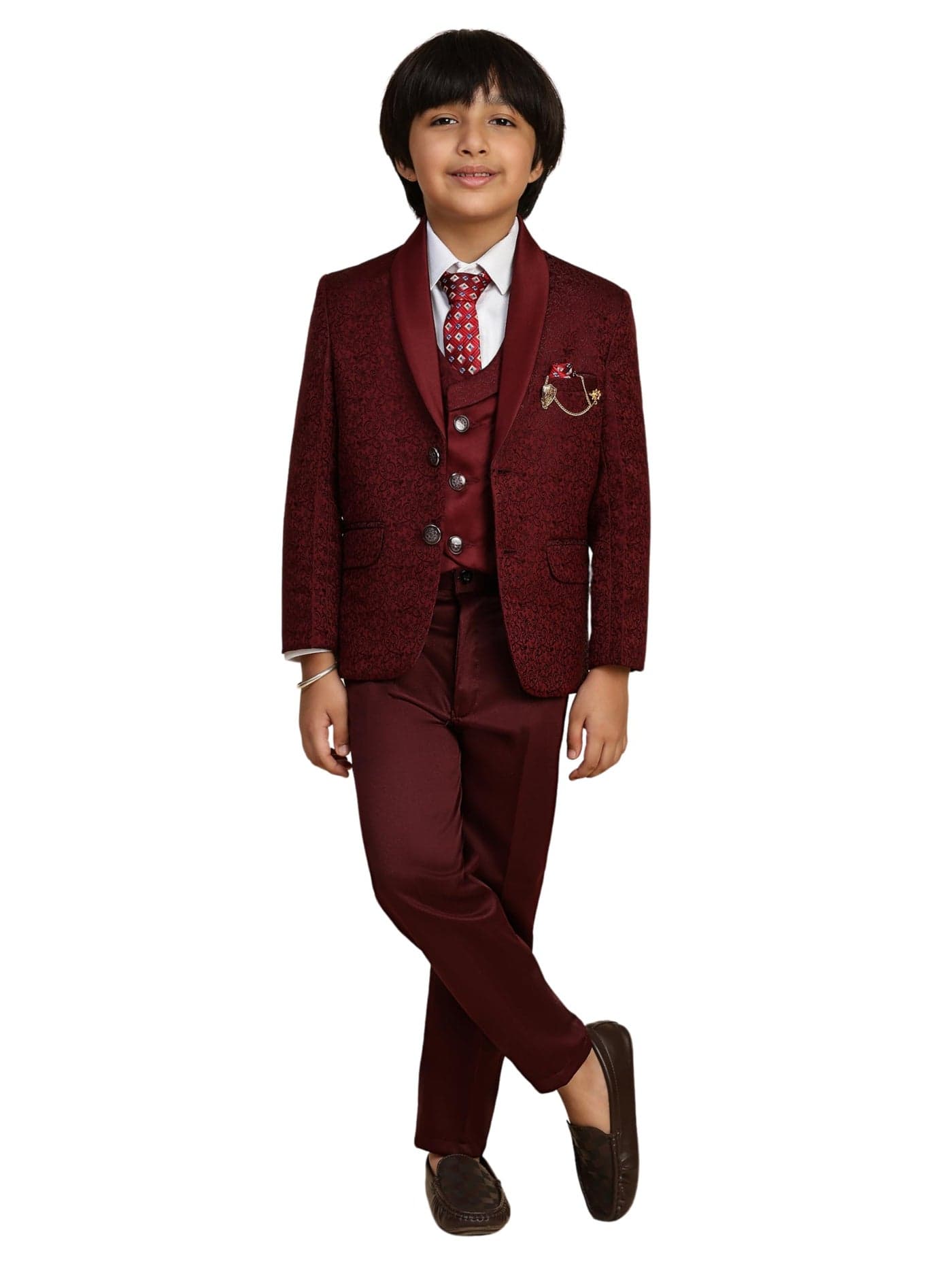 Pro-Ethic Style Developer 5 Piece Boys Suit Set Pary Wear for Kids Wedding Outfit | Set of Shirt, Pants, Coat, Waistcoat and Tie for Kids, Maroon, 15-16 Years