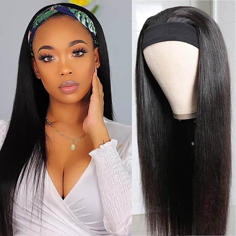 TNICE Headband Wig Human Hair Straight 14 Inch Headband Wigs for Black Women Human Hair Headband Wig Glueless None Lace Front Brazilian Virgin Hair Wigs Natural Color 150 Density
