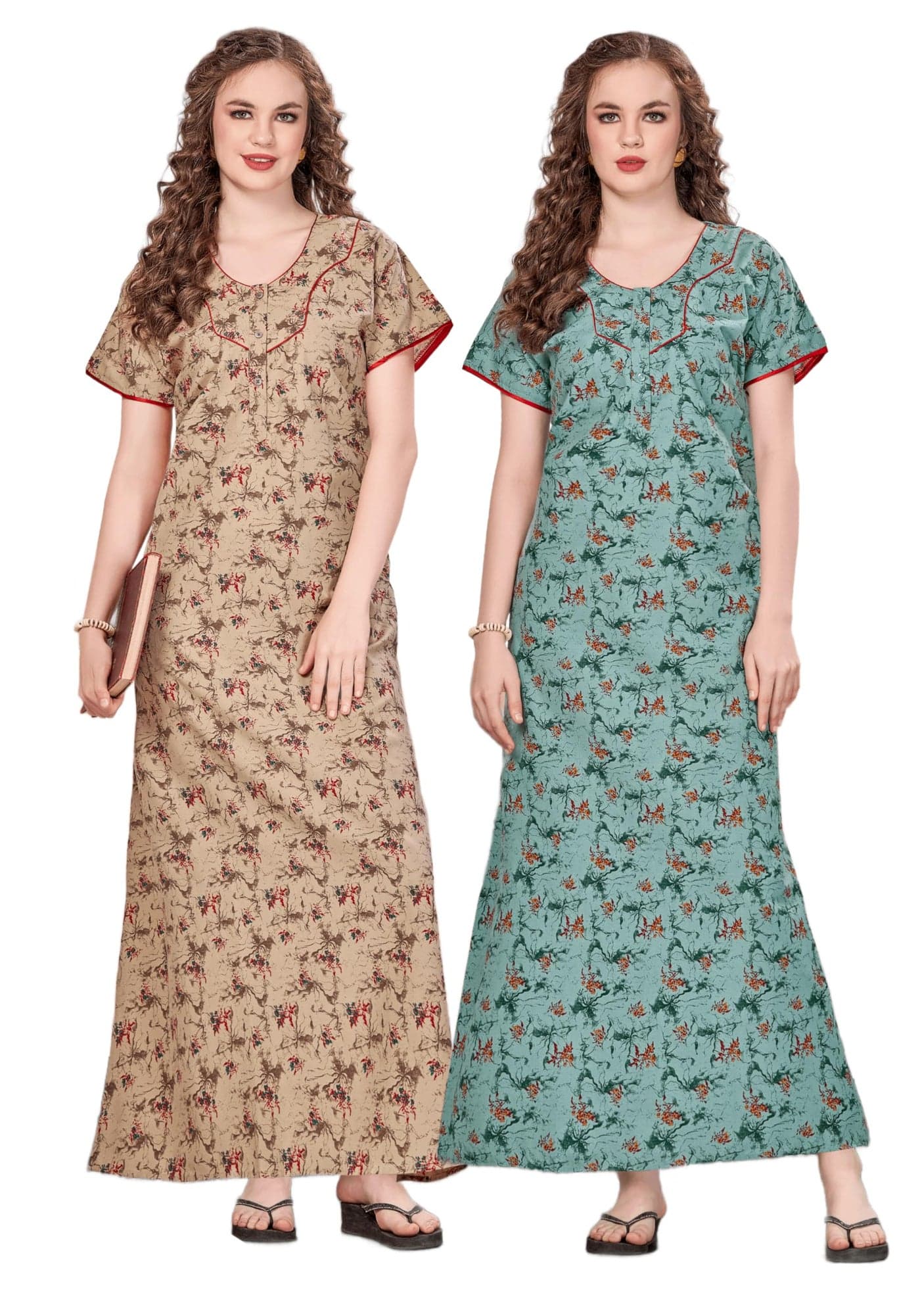 G4Girl Women's Pure Cotton Regular Rajasthani Nighty Gown - Jaipuri Maxi Gown With Pocket (Combo of 2)
