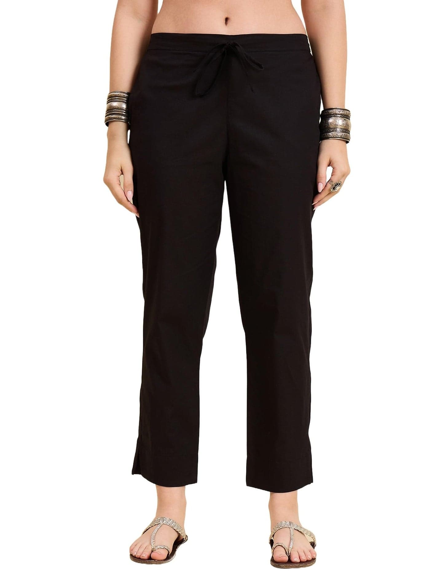 Nermosa Women Cotton Pant Elasticated Waist Regular Slim Fit Trouser, Pocket Pants for Office School Formal Casual Daily Use (in, Alpha, M, Regular, Black)