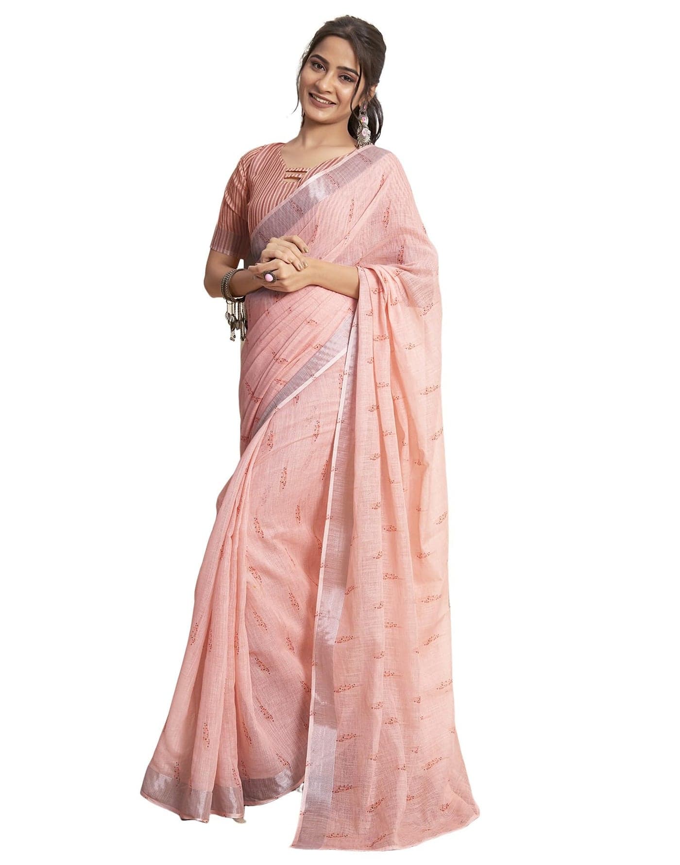 SIRIL Women's Cotton Printed Zari Striped Ready to Wear One Minute Saree With Unstitched Blouse Piece (18RS160_Peach)