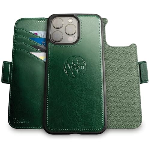 Dreem Wallet Case for iPhone 15 Pro Max Revolutionary VertHor Phone Stand Magnetic Detachable Vegan Leather Flip Cover RFID Blocking Card Holder MagSafeFit Gift Box Fibonacci Green