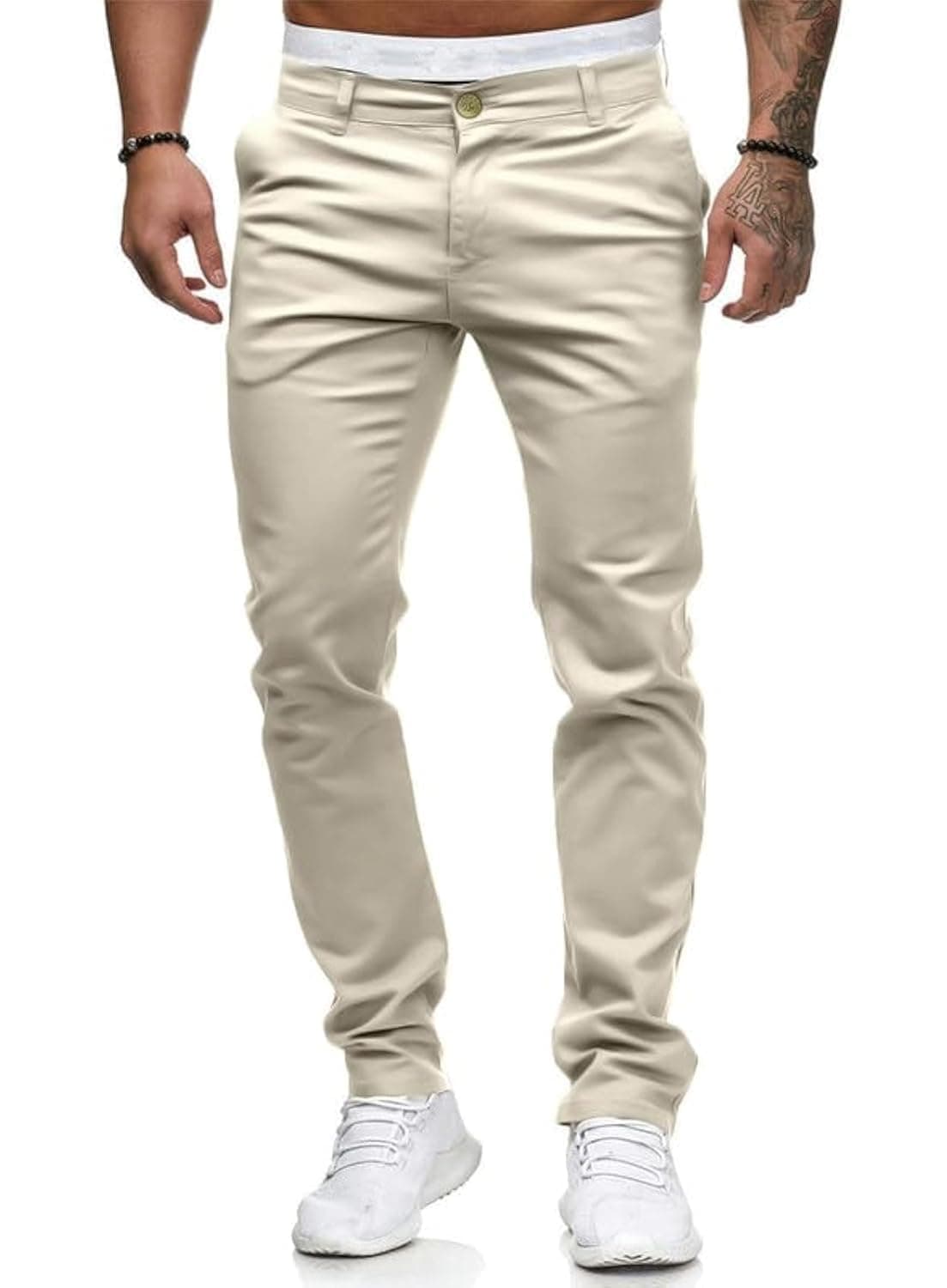 Mens Chinos Slim Fit Stretch Flat-Front Skinny Dress Pants (Beige,36W*30L)