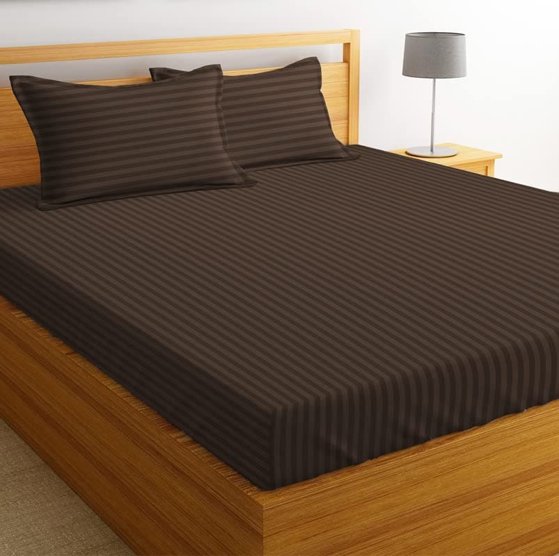VAS COLLECTIONS 210 TC Pure Cotton Satin/Stripe King Bedsheet with 2 King Size Pillow Covers | Double Bed Cotton | Size - King Size 90x100 inches - Coffee