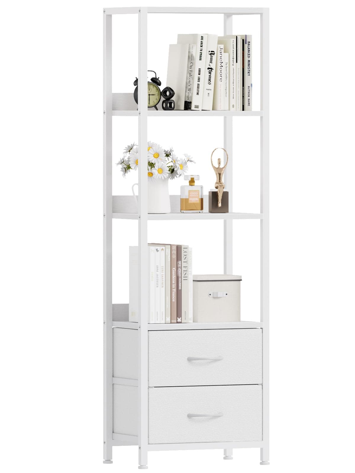 Furnulem 4Tier Corner Shelf Bookshelf with 2 Storage Drawers 5728Tall Narrow Bookcase Standing Shelf Organizer Unit for Living Room Bedroom Metal Frame Wood Display Shelf