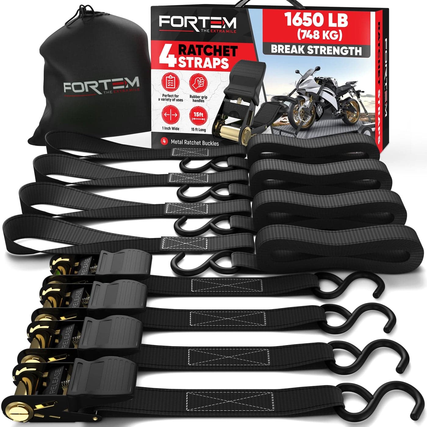 FORTEM Ratchet Straps 1650lb Break Strength 4 Pack 15ft x 1in Tie Down Strap Set 4 Soft Loops Motorcycle Straps Tie Downs Cargo Cam Buckles for Trucks Rubber Handles Carry Bag
