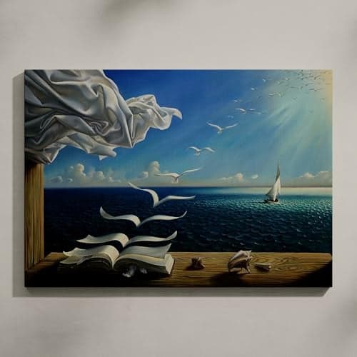 ALMLZL Salvador Dali Wave Book Canvas Wall Art Surrealism Art Prints Famous Oil Painting Reproduction Abstract Sailboat Poster Living Room Bedroom Blue Wall Decor Gallery Wrapped 16x24inch40x60cm