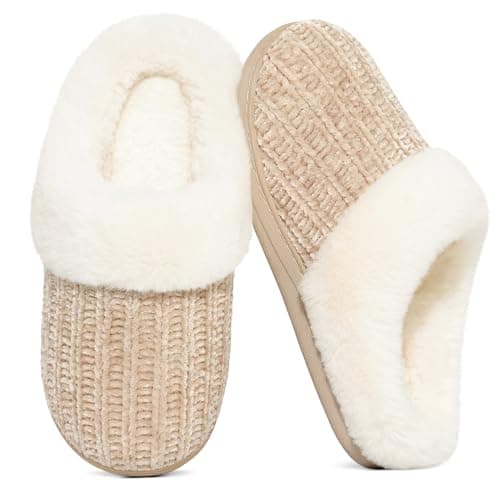 Evshine Womens Warm Chenille Knit House Slippers Comfy Memory Foam Winter Slippers with Faux Fur Collar and Indoor Outdoor Soles Khaki 4041 Size 885