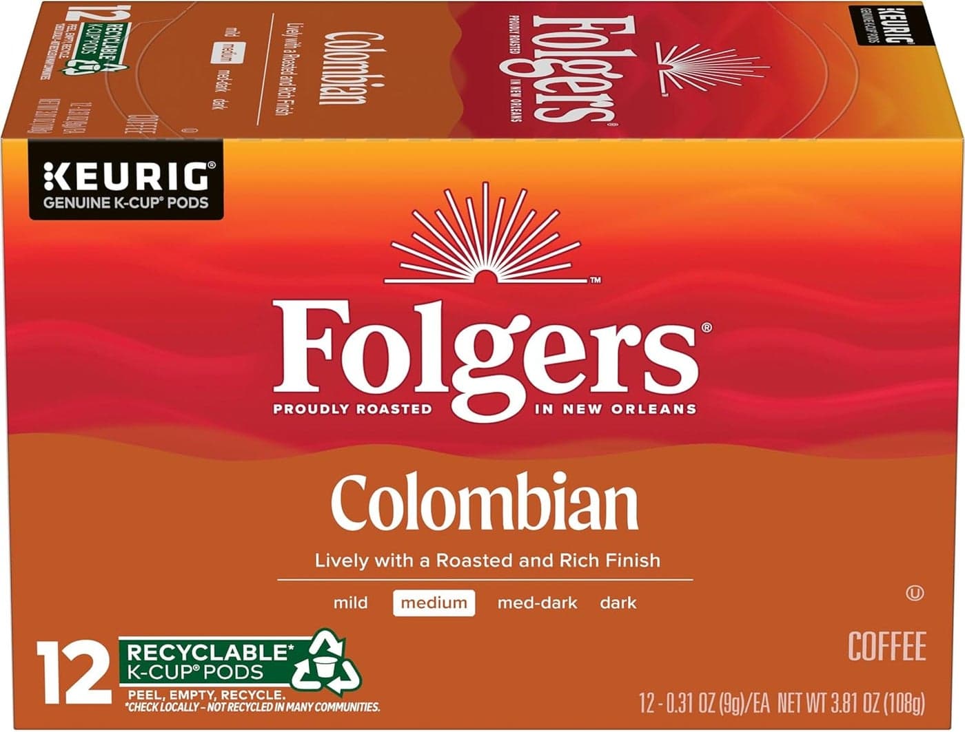 Folgers Gourmet Selections Lively Colombian Coffee K-Cup Pods for Keurig Brewers - 12 Count