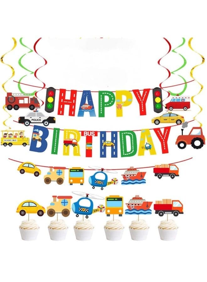 Transportation Happy Birthday Banners Car Bus Train Plane Ship Helicopter Traffic Light Photo Props Garland For Kids Birthday Party Baby Shower Decoration Supplies