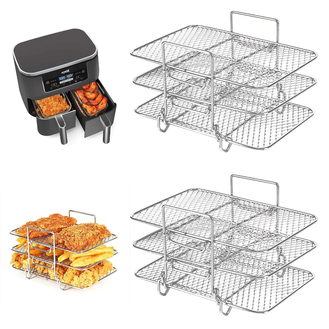 BYKITCHEN 2 PCS Air Fryer Racks for TowerNinja Dual AF400UKAF451UKAF500UK Three Layer Stainless Steel Air Fryer Accessories for Ninja 95LFlex Drawer 104L InstantEMtronics 2 Drawer Fryer