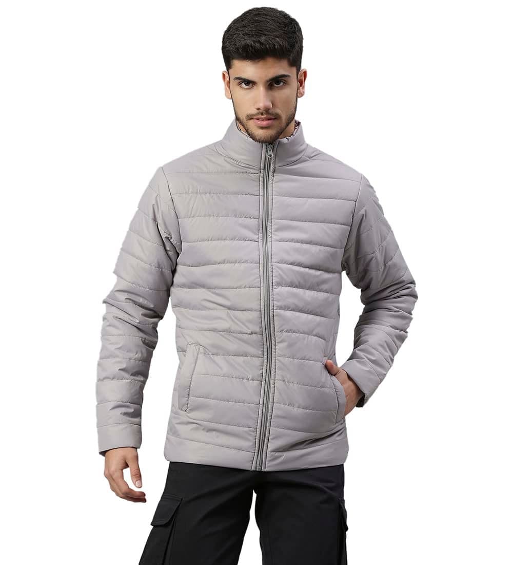 Dennis Lingo Men’s Solid Long-Sleeve Regular Fit Puffer Jacket - Waterproof, Lightweight, Casual Winterwear for Men (Grey) (Large)