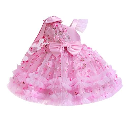 OBEEII Fairy Dress for Toddler Girls 3D Flower Wedding Flower Girl Dress Asymmetric Shoulder Bowknot Princess Christmas Photoshoot Dresses Formal Prom Pageant Ball Gown Pink-3D Flower 9-12 Months