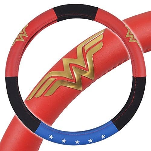 BDK Warner Bros DC Comics Wonder Woman Steering Wheel Cover - Car Accessories for Women, Superhero Heroine Gift Ideas, Original Red White Blue WonderWoman Logo, Universal Standard Fit 14.5-15.5 Inches