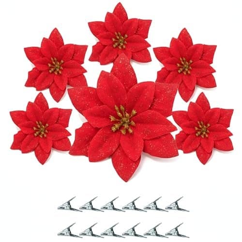 CURATED CART Artificial Christmas Poinsettia Flowers for Tree Decoration | Glitter Xmas Flowers for Christmas Tree, Home Décor, Wreaths & Holiday Decorations (Plain Red - D4, Pack of 12)