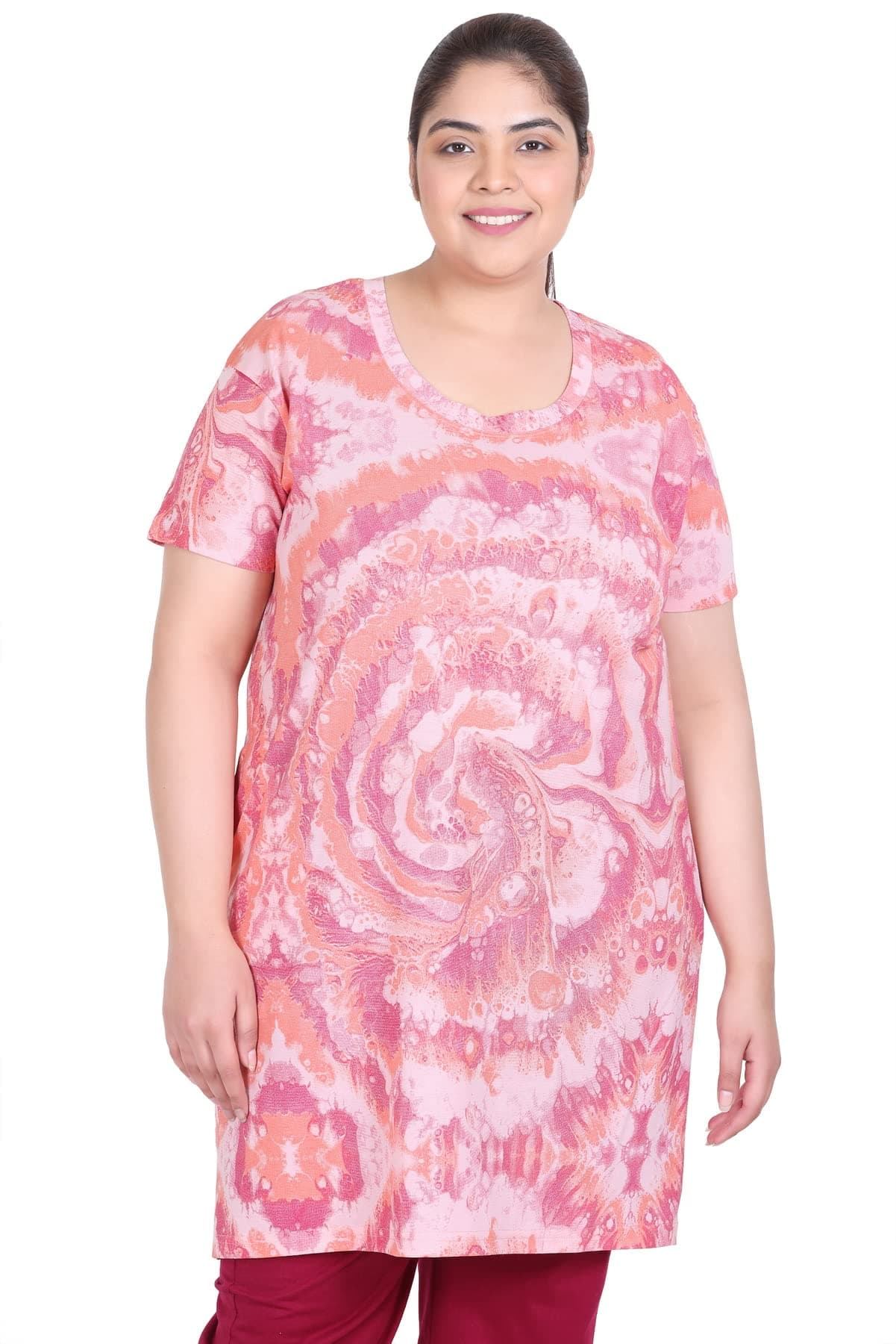 RYSH Women Cotton Regular Fit Plus Size Long-Line All Over Printed T-Shirt With Pocket, Pink