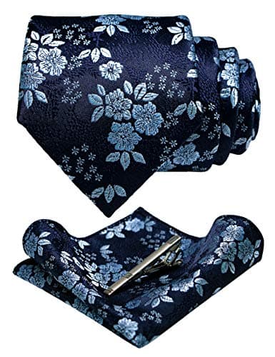 JEMYGINS Floral Navy Necktie and Pocket Square Tie Clip Sets for Men (25)