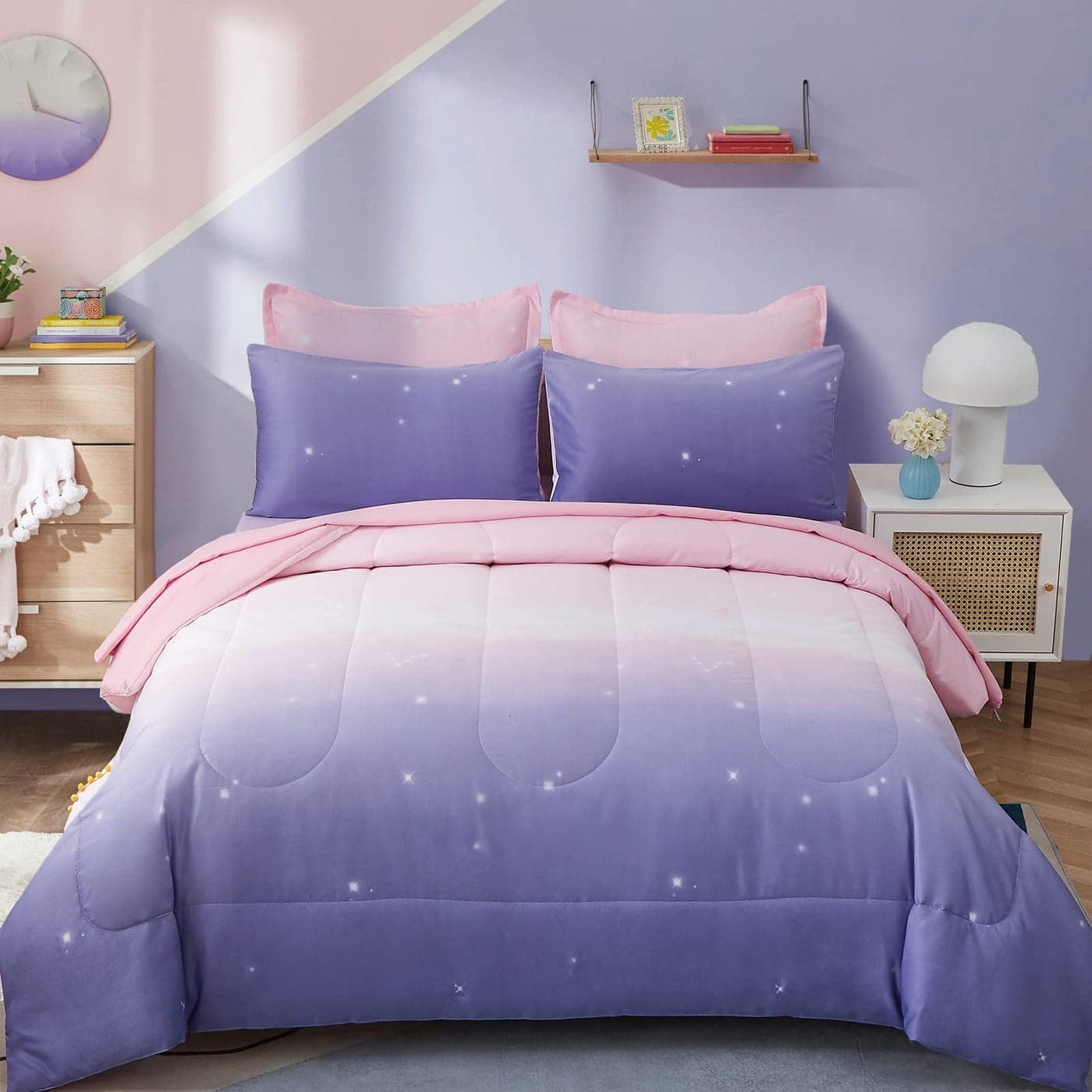 Girls Comforter Set Full Size Colorful Ombre Pink Purple Rainbow Bedding Set Bed in A Bag for Kid Teen Girls 7 Pieces 1 Comforter 1 Flat Sheet 1 Fitted Sheet 2 Pillow Shams 2 Pillowcases