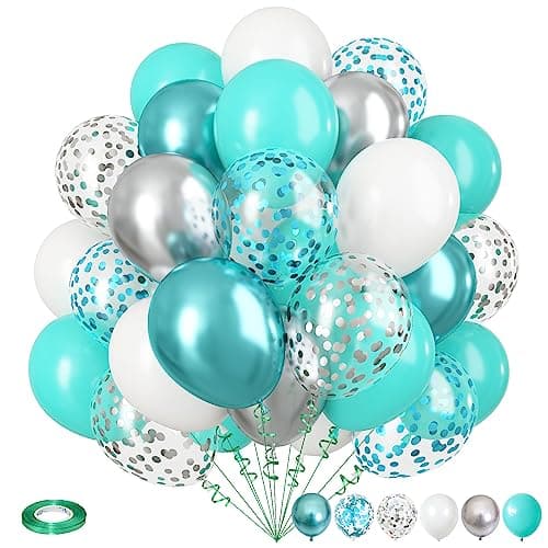 Teal Blue Silver Balloons 35Pcs Turquoise Light Blue Mint Green Silver White Confetti Latex Balloons Set Aqua Blue White Silver for Boys Christening Birthday Baby Shower Wedding Party Decorations