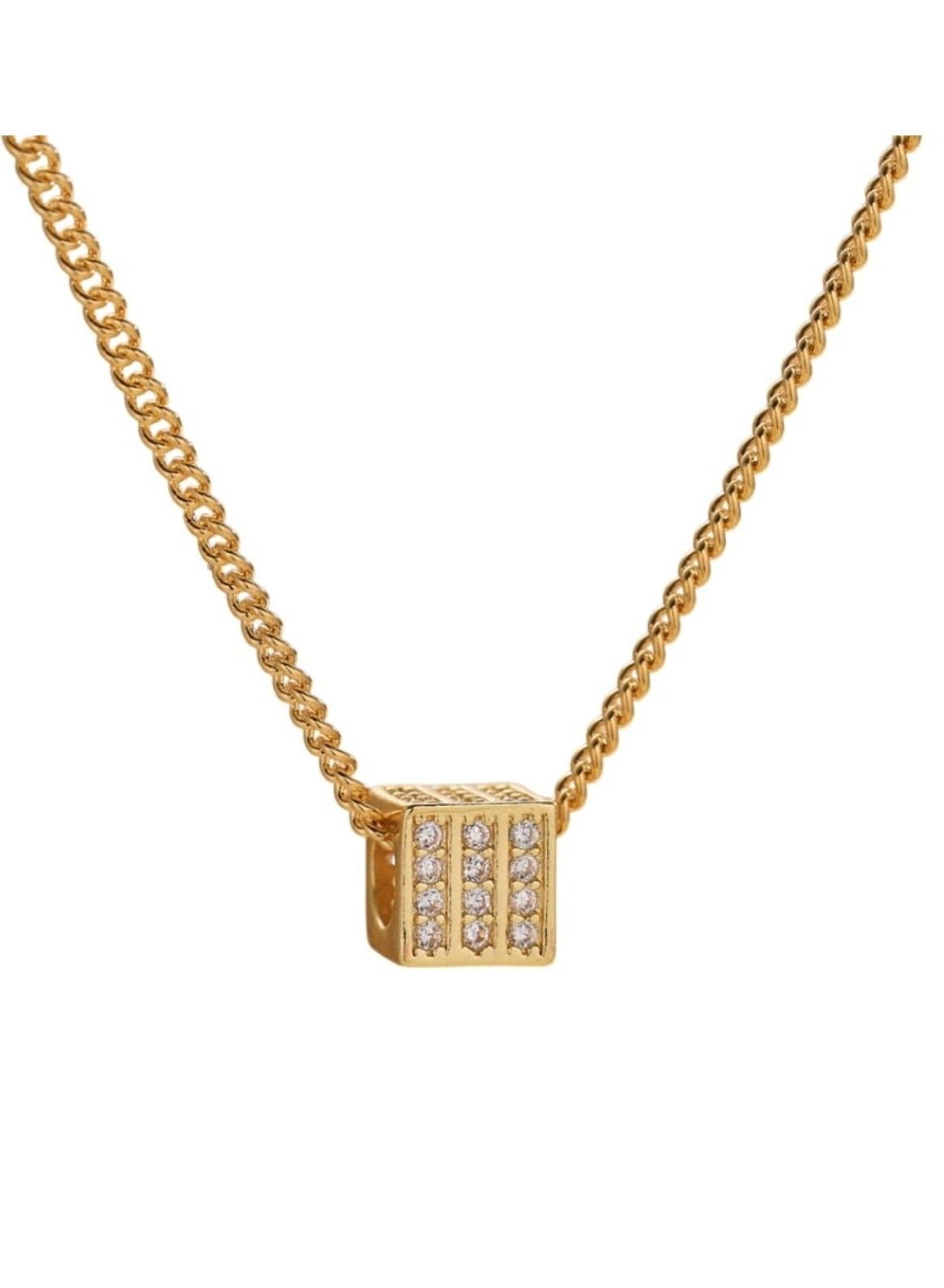 Gold Color Tone Cube Pendant Necklace with Rhinestone Detailing