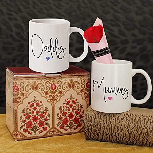 TIED RIBBONS Best Gift for Parents Mummy Daddy Printed Coffee Mug Set of 2 with Artificial Red Rose