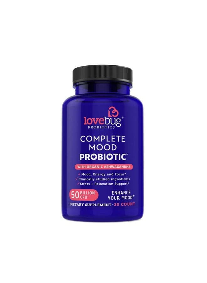 Lovebug Complete Mood Probiotic | 10 Clinically Studied Probiotic Strains & Patented Organic Ashwagandha for Cortisol and Serotonin Support | Natural Energy | Adaptogenic Stress-Defense | 30 Count