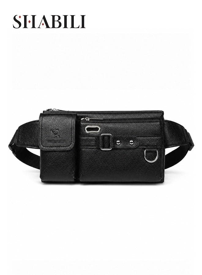 Men's PU Waterproof Multi-Pocket Chest Bag Crossbody Belt Bag Shoulder Sling Fanny Pack Hip Bag, Gents Big Capacity Waist Pack with Headphone Port D-Ring for Teenager Youth Casual Party Travel (Black)
