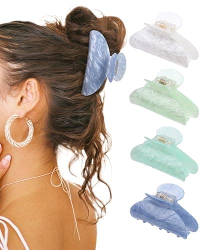HAIMEIKANG Hair Clip 4Pcs Acrylic Large Hair Clips in White Blue Emerald Green Strong Hold Jaw Clips for Thick Thin Hair Cute Nonslip Claw Clips Stylish Hair Accessories for Women Girls