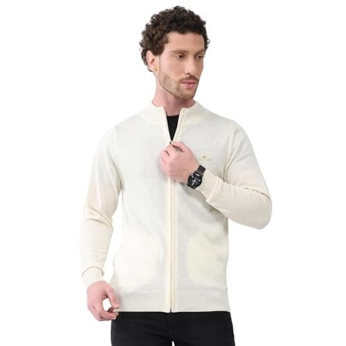 Monte Carlo Men Mock Neck Pullover | Regular Fit Full Sleeve Solid Sweater | Warm Winter Knitwear for Casual & Office Wear Cream L (Pack of 1)