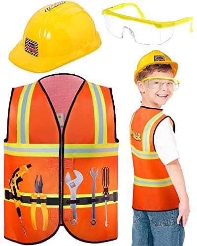 Handepo Construction Worker Costume Kids Hard Hat Construction Vest Goggles Toddler Dress Up Set Birthday Party Girls BoysYellow