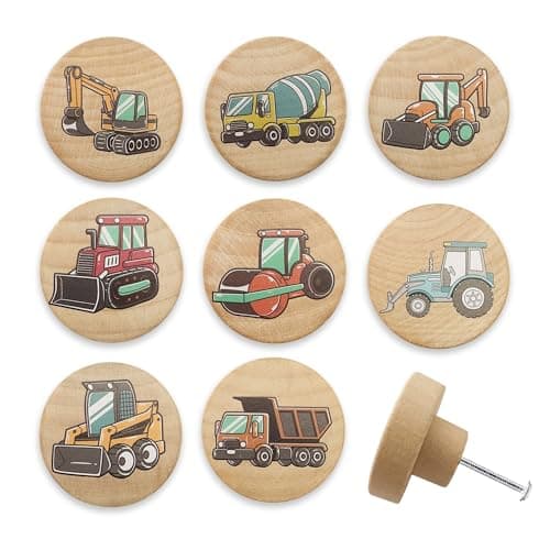Lasyman Set of 8 Wood Kids Boy Nursery Room Construction Vehicle Trucks Cabinet Furniture Dresser Drawer Knobs and Pulls 18 X 18 Inches
