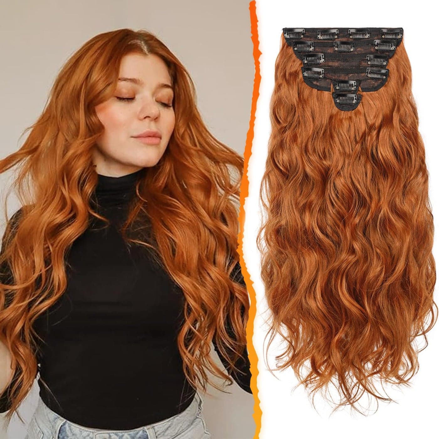 BARSDAR Copper Clip in Hair Extensions 20 Inch 6PCs Full Head Beach Wavy Clip in Hair Extensions for Women Voluminous Thick Soft Synthetic Hairpieces Daily Party Halloween Cowboy Ginger Copper