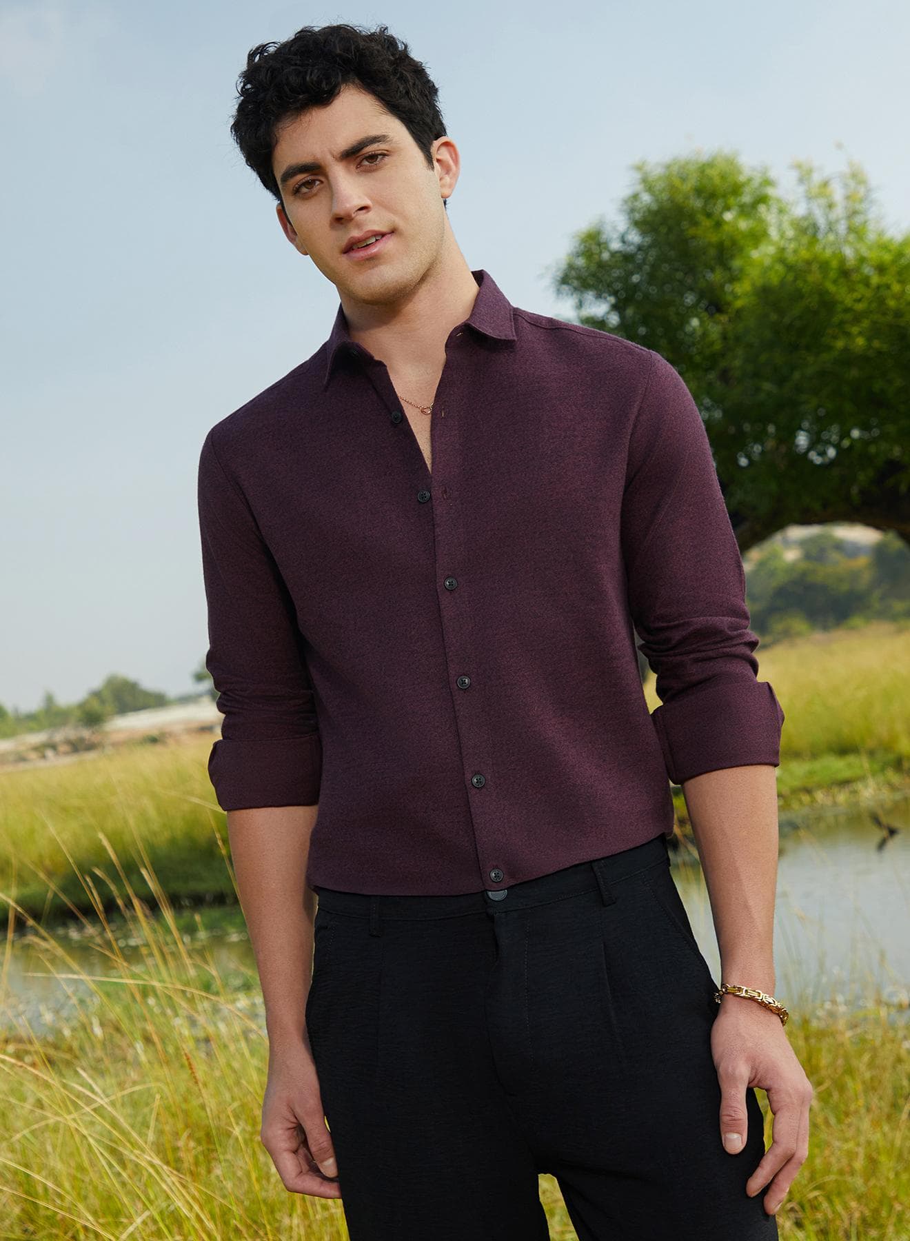 Men's Wine Red Solid Cotton Shirt