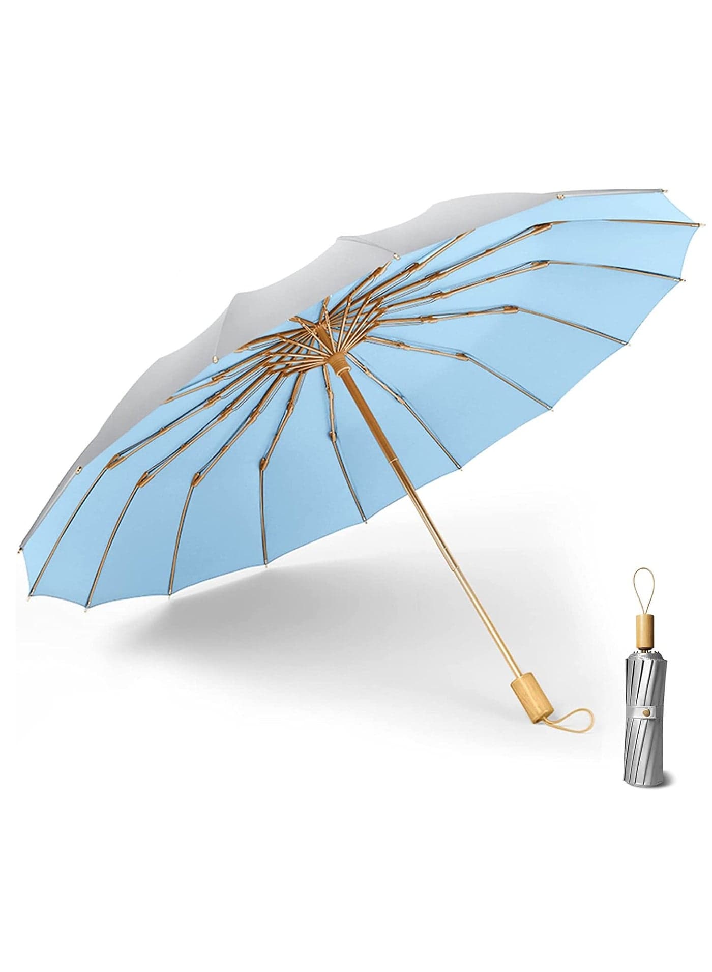 Sun Rain Compact Umbrella, UPF 50+ UV Protection 16 Fibreglass Ribs Super Windproof Folding Umbrella Parasol, Sun Blocking Travel Golf UV Umbrella