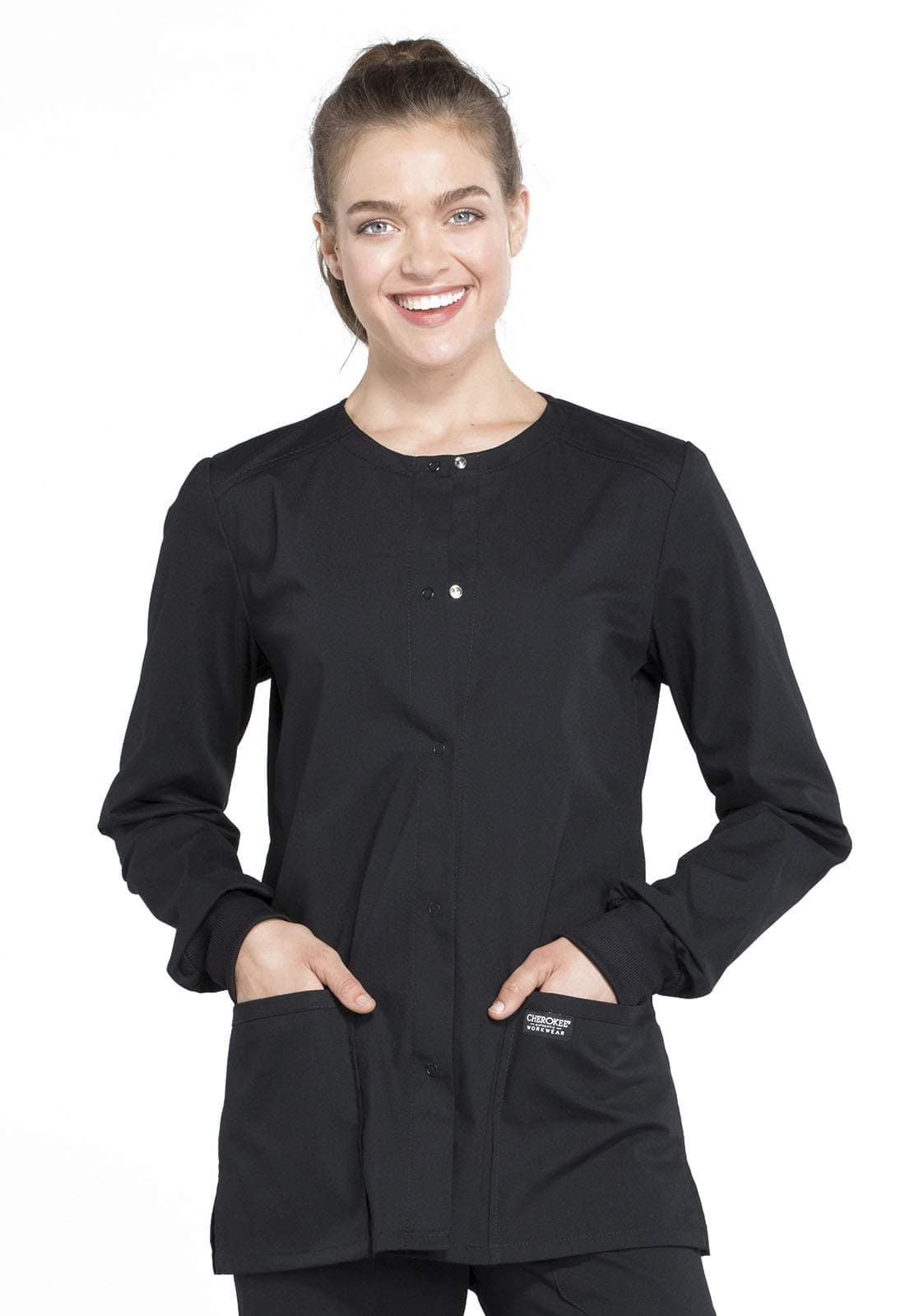 Snap Front Scrub Jackets for Women, Workwear Professionals Soft Stretch WW340, S, Black