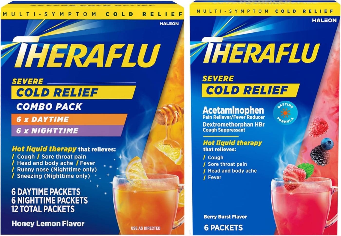 Theraflu Combo Daytime and Nighttime Severe Cold Relief Honey Lemon Flavor Powder_ and Daytime Severe Cold Relief Berry Burst Flavor Powder _6 Daytime 6 Nighttime and 6 Berry Burst Powder Packets