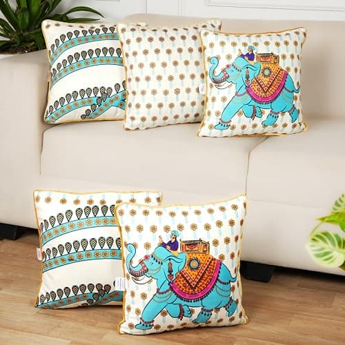 STITCHNEST Rajyatra Gajraj Velvet Cushion Cover Set of 5 | Both with Piping | 12x12 Inch | Soft, Premium & Colorful Home Décor for Sofa & Bed