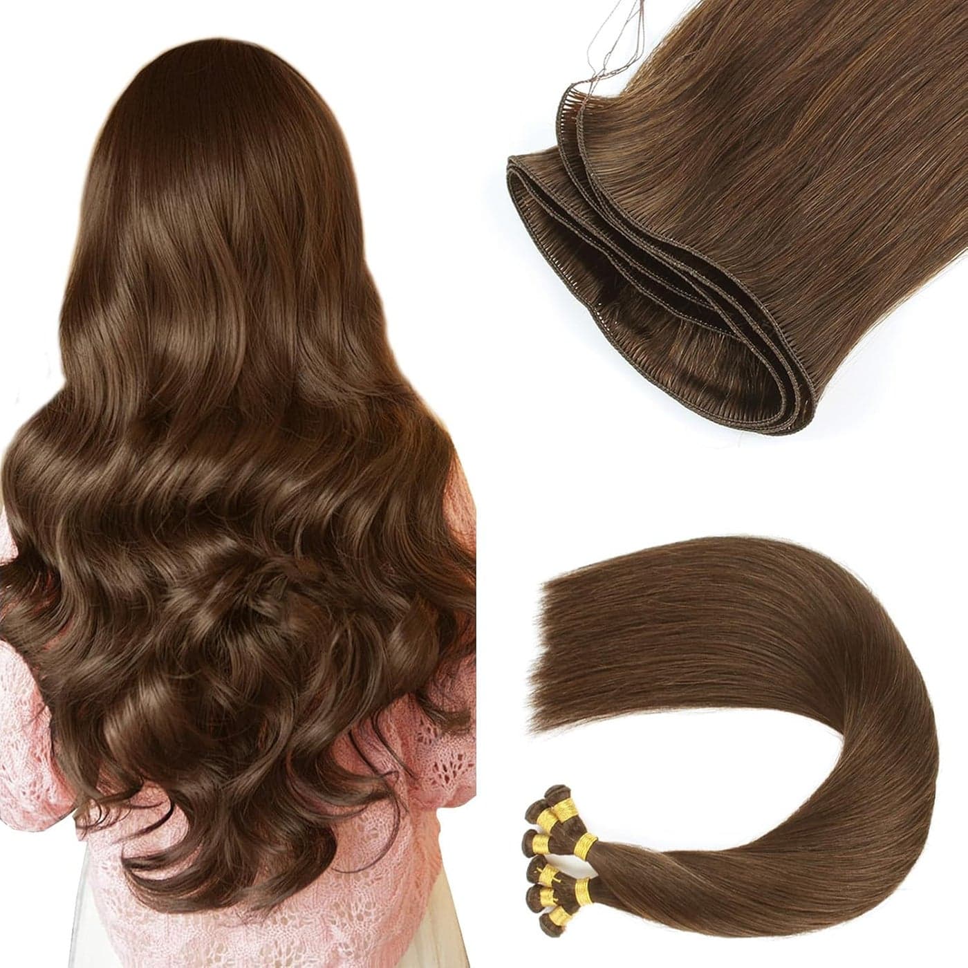 ABH AMAZINGBEAUTY HAIR Sew in Hand Tied Weft Hair Extensions Weft Extensions Human Hair Remy Human Hair Walnut Brown Wefts Brazilian Hair for Women Invisible Weave Color 3 50 Gram 18 Inch