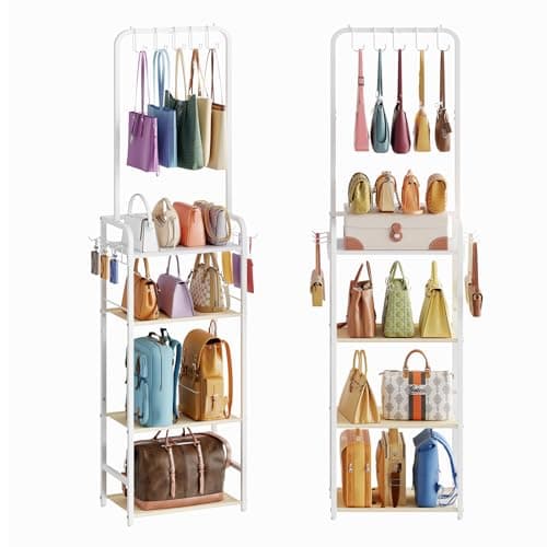 Tall 5-Tier Purse Organizer for Closet with 5 Purse Hanger, Large Purse Rack Stand with 6 Side Hooks, Adjustable Handbag Organizer Shelf, Space-Saving Narrow Purse Storage Organizer for Small Place